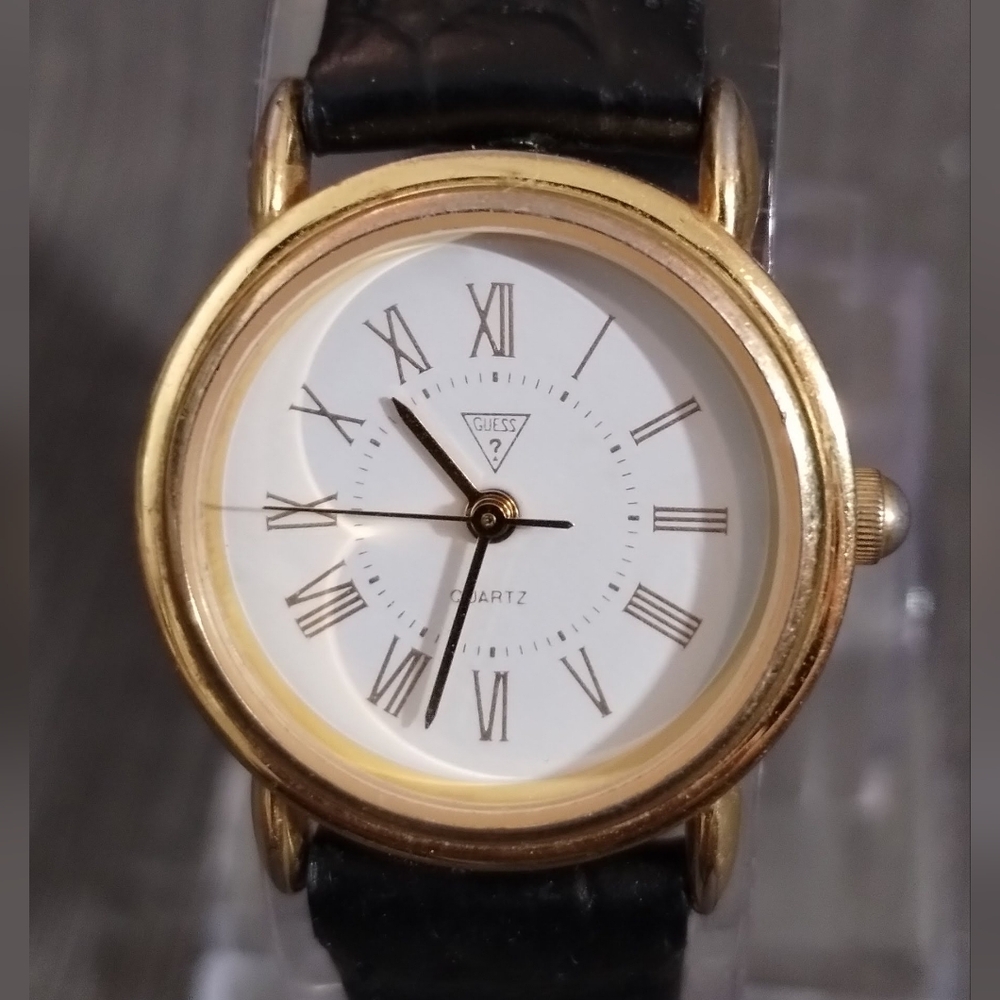 Vintage GUESS (1990) Watch, Runs, New Battery, with Black Calfskin Leather Band
